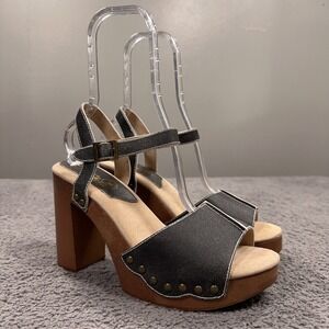 Sbicca Nansa Clog Sandals Womens 10 Black Leather Wood Studded Y2K Heel Platform